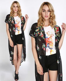 花卉透視雪紡印花中袖長款開衫kimono和服式無扣雪紡衫